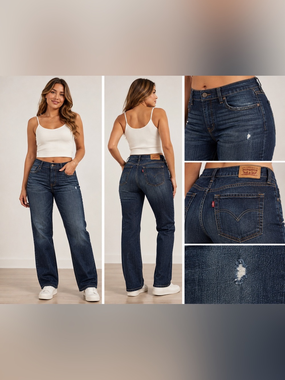 Levi’s 505 Jeans Women’s 14W Straight Leg Dark Wash Distressed Stretch Denim